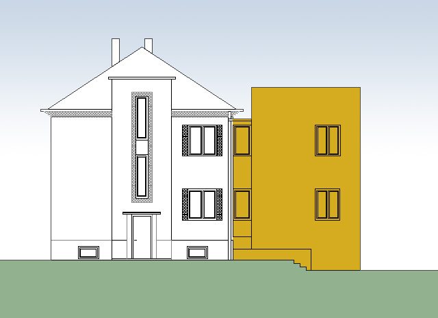 Ansicht Anbau Gorkistraße: Bestandshaus und neuer kubischer Anbau